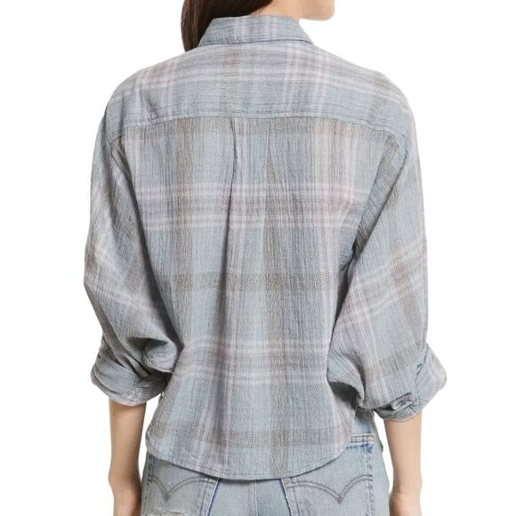 Free People Cropped Cutie Plaid Button Front Cotton Shirt Blue Gray Size Small - Picture 4 of 13